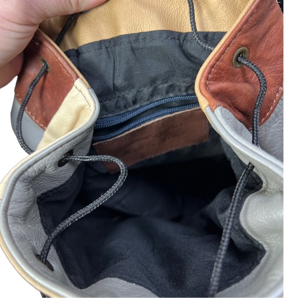 VTG 90's Gray Brown Cream Red Leather Mini Backpack with Zipper Straps - Picture 11 of 16